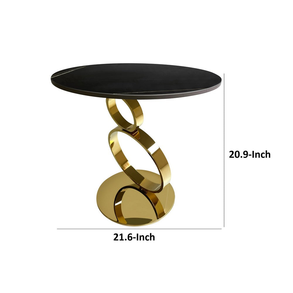 Benjara Tiyo 22 Inch Accent End Table, Round Sintered Stone Top, Black, Gold Steel