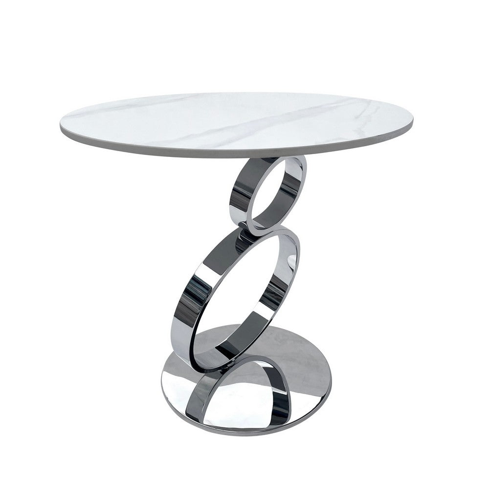 Benjara Tiyo 22 Inch Accent End Table, White Round Sintered Stone Top, Silver Steel