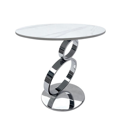 Benjara Tiyo 22 Inch Accent End Table, White Round Sintered Stone Top, Silver Steel