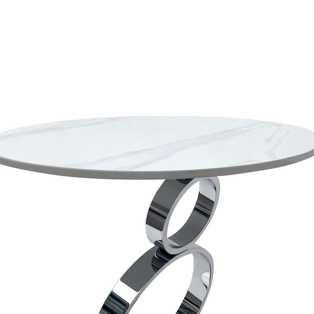 Benjara Tiyo 22 Inch Accent End Table, White Round Sintered Stone Top, Silver Steel