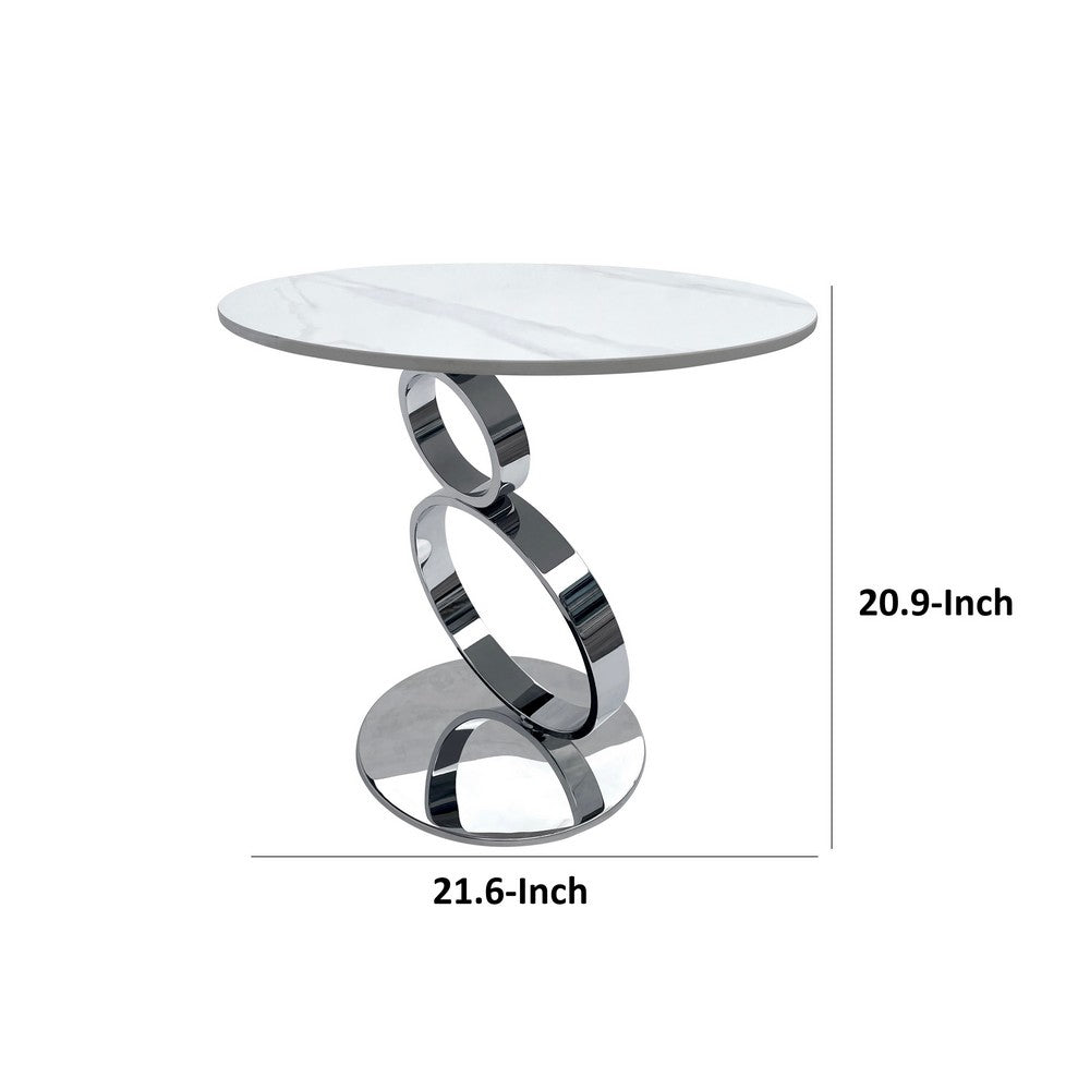 Benjara Tiyo 22 Inch Accent End Table, White Round Sintered Stone Top, Silver Steel
