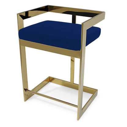 Benjara Pio 30 Inch Barstool Chair, Blue Velvet Padded Seat, Gold Metal Finish