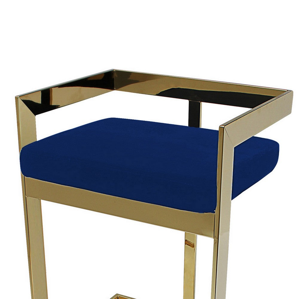 Benjara Pio 30 Inch Barstool Chair, Blue Velvet Padded Seat, Gold Metal Finish