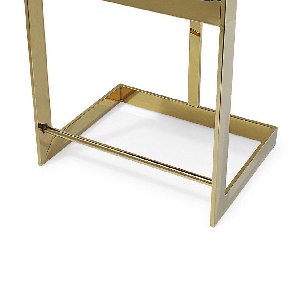 Benjara Pio 30 Inch Barstool Chair, Blue Velvet Padded Seat, Gold Metal Finish