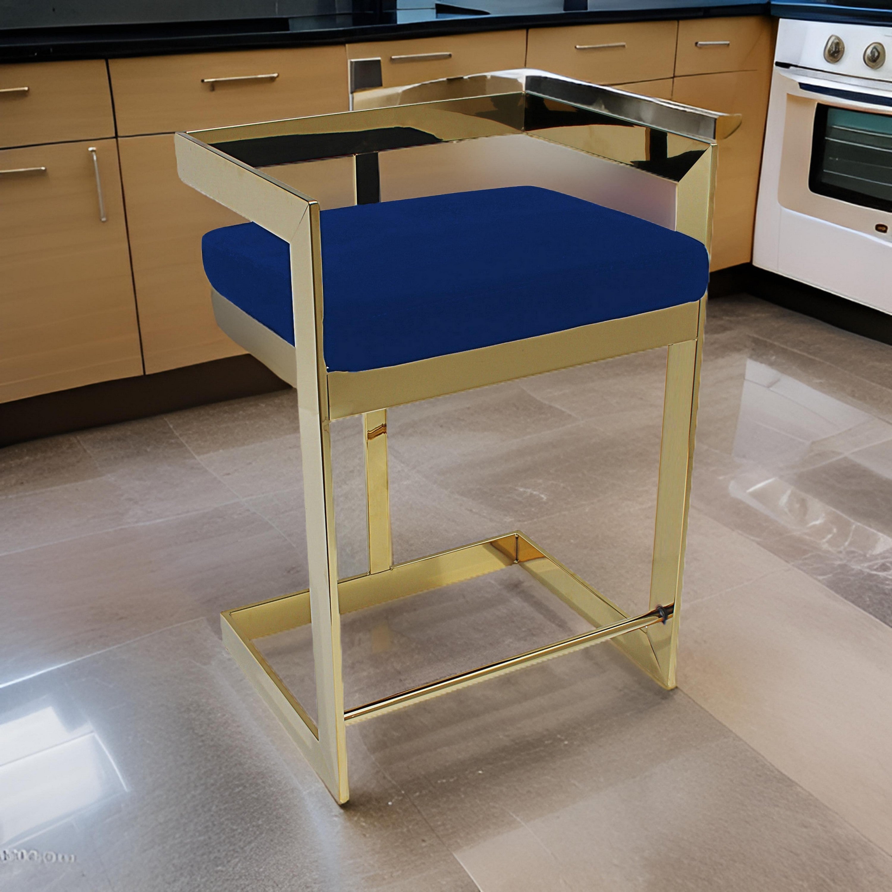 Benjara Pio 30 Inch Barstool Chair, Blue Velvet Padded Seat, Gold Metal Finish