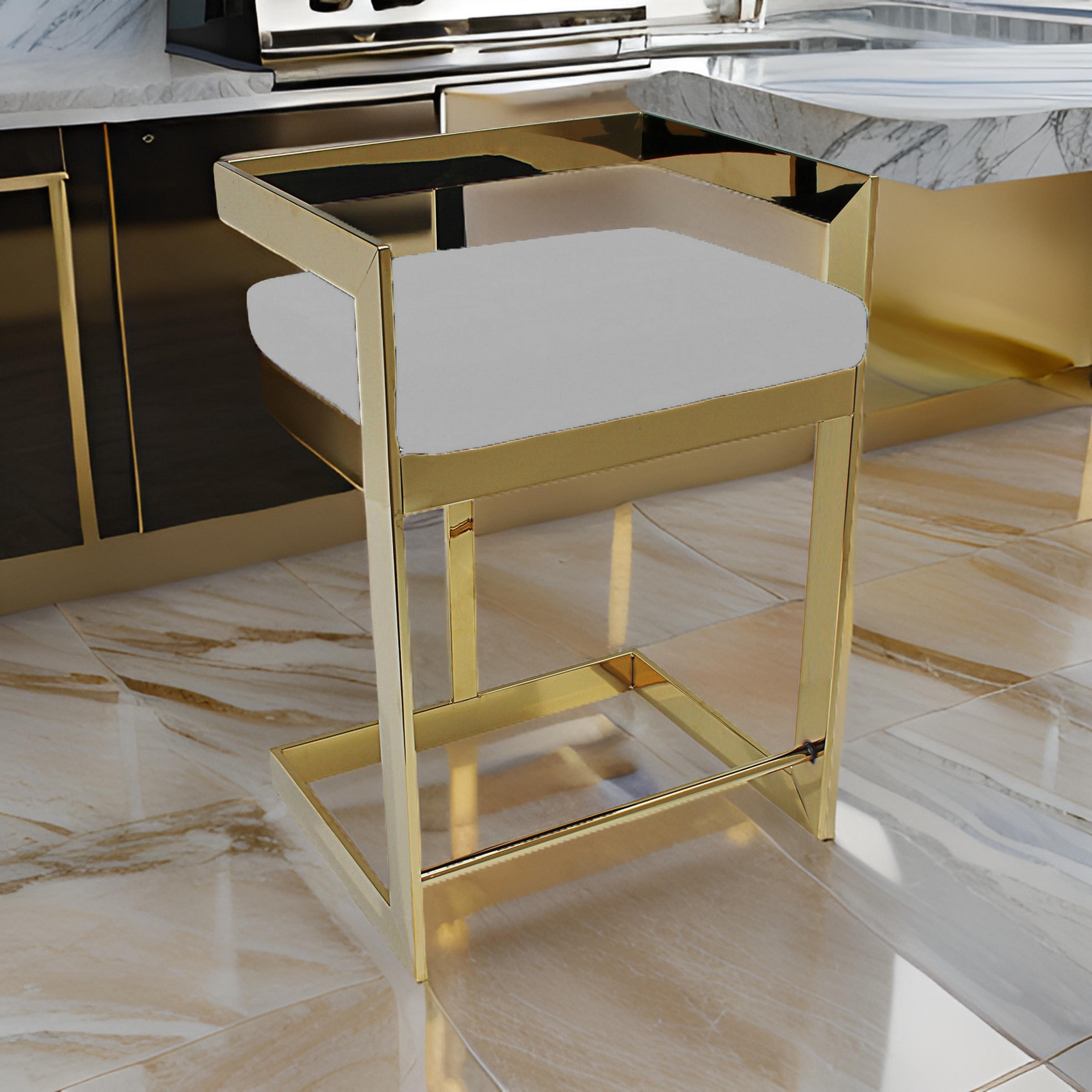 Benjara Pio 30 Inch Barstool Chair, Gray Velvet Padded Seat, Gold Metal Finish