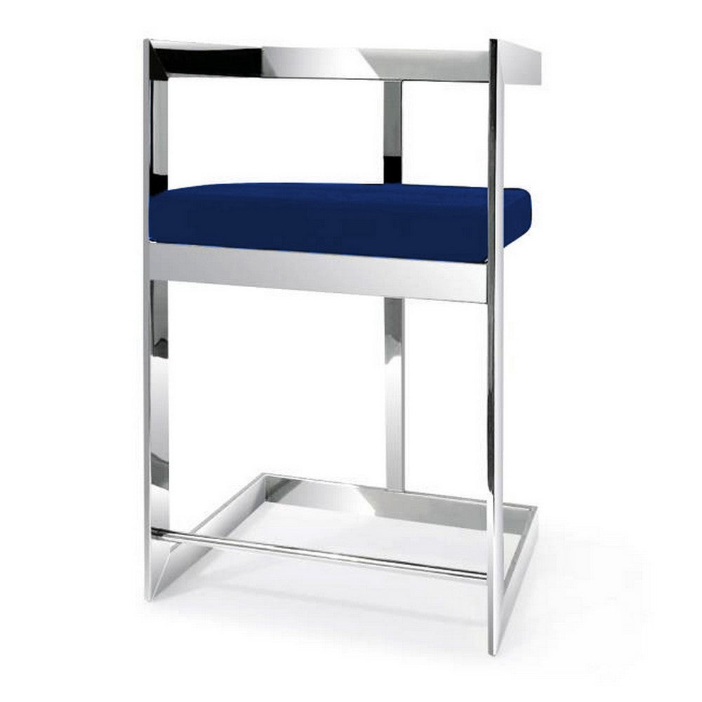 Benjara Pio 30 Inch Barstool Chair, Blue Velvet Padded Seat, Chrome Metal Finish