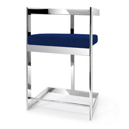 Benjara Pio 30 Inch Barstool Chair, Blue Velvet Padded Seat, Chrome Metal Finish