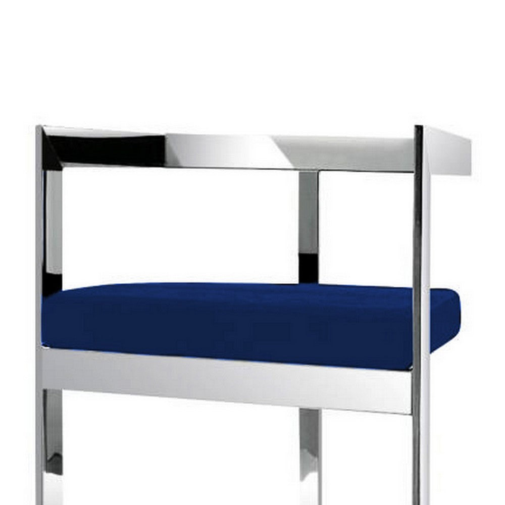 Benjara Pio 30 Inch Barstool Chair, Blue Velvet Padded Seat, Chrome Metal Finish
