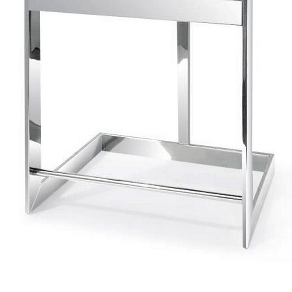 Benjara Pio 30 Inch Barstool Chair, Blue Velvet Padded Seat, Chrome Metal Finish