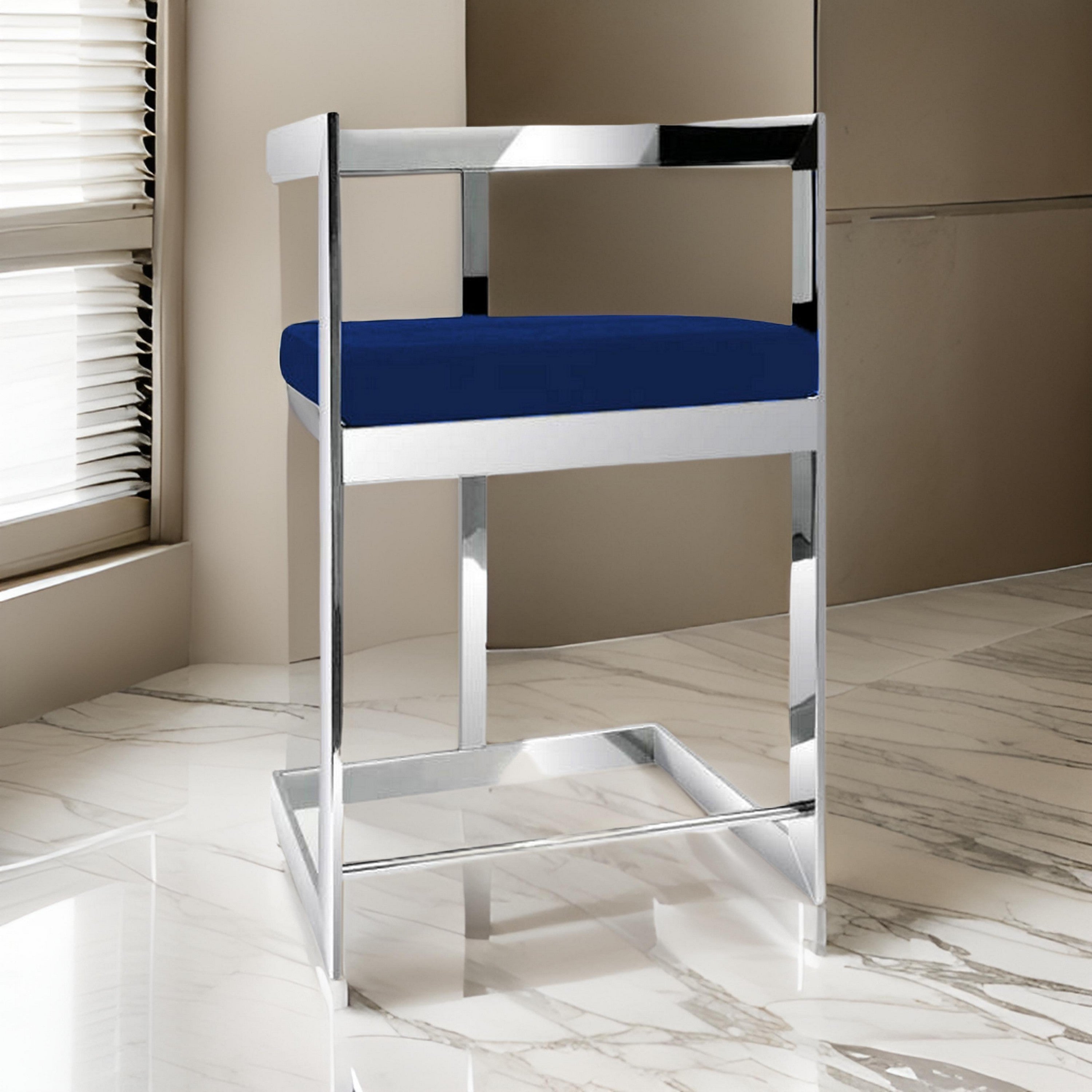 Benjara Pio 30 Inch Barstool Chair, Blue Velvet Padded Seat, Chrome Metal Finish