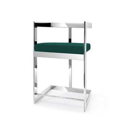 Benjara Pio 30 Inch Barstool Chair, Green Velvet Padded Seat, Chrome Metal Finish