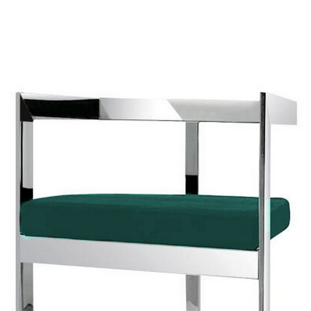 Benjara Pio 30 Inch Barstool Chair, Green Velvet Padded Seat, Chrome Metal Finish