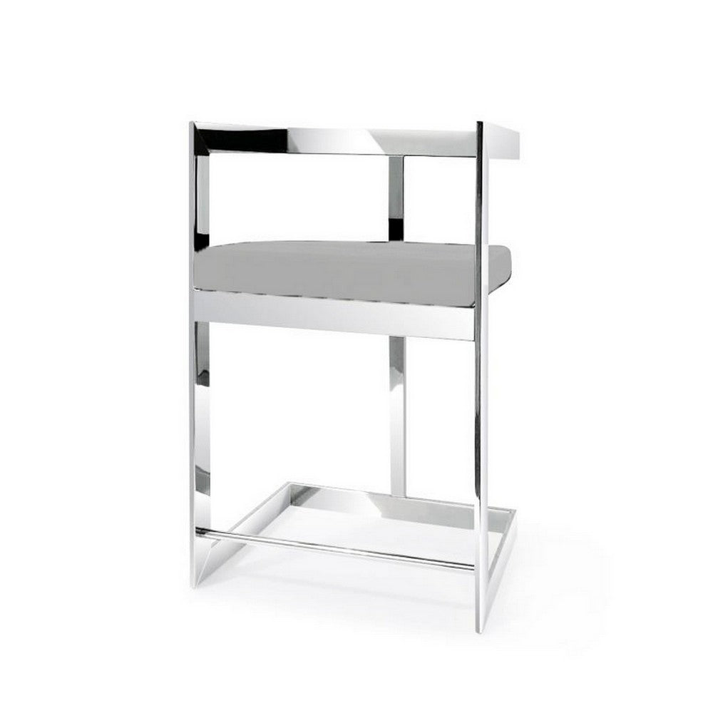 Benjara Pio 30 Inch Barstool Chair, Gray Velvet Padded Seat, Chrome Metal Finish