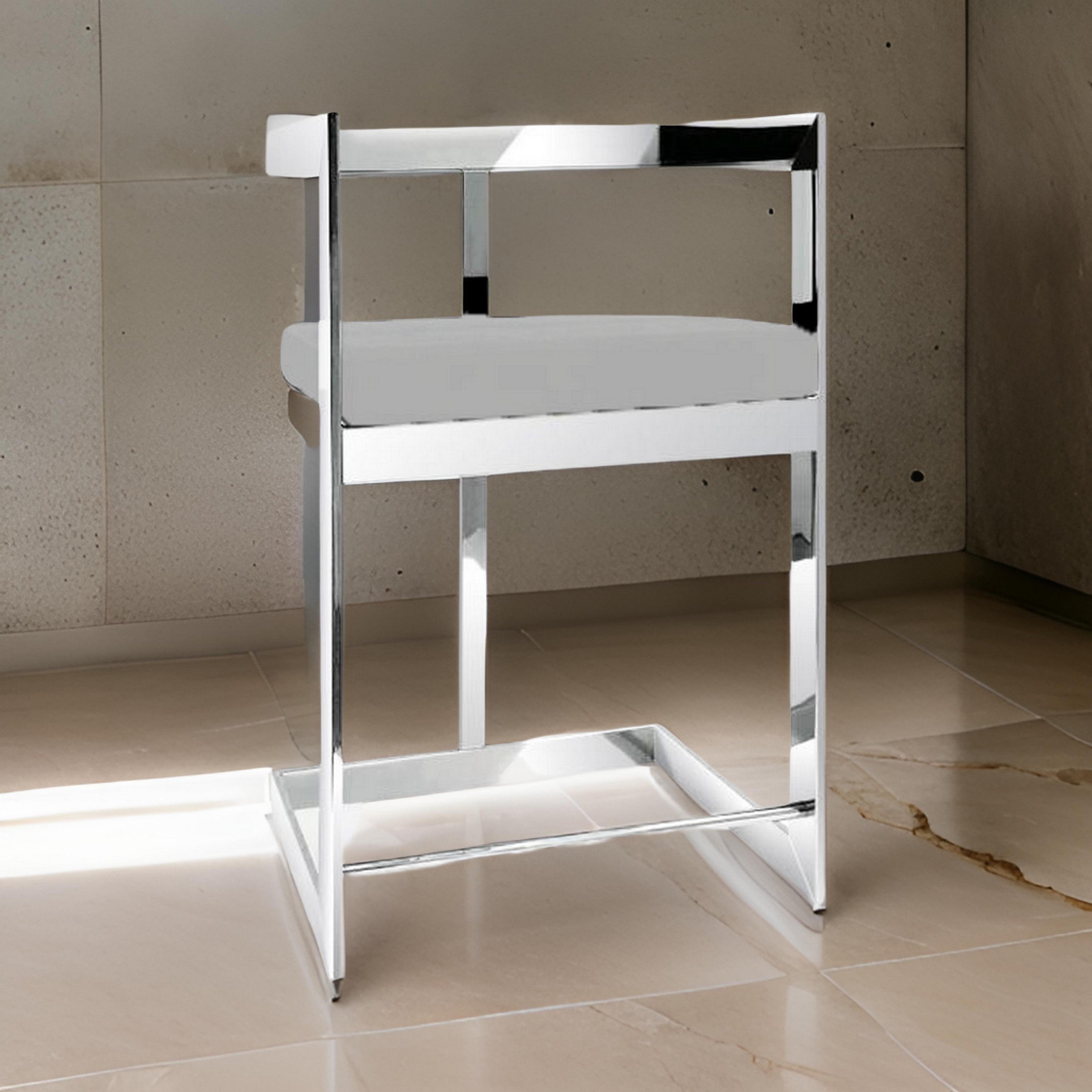 Benjara Pio 30 Inch Barstool Chair, Gray Velvet Padded Seat, Chrome Metal Finish