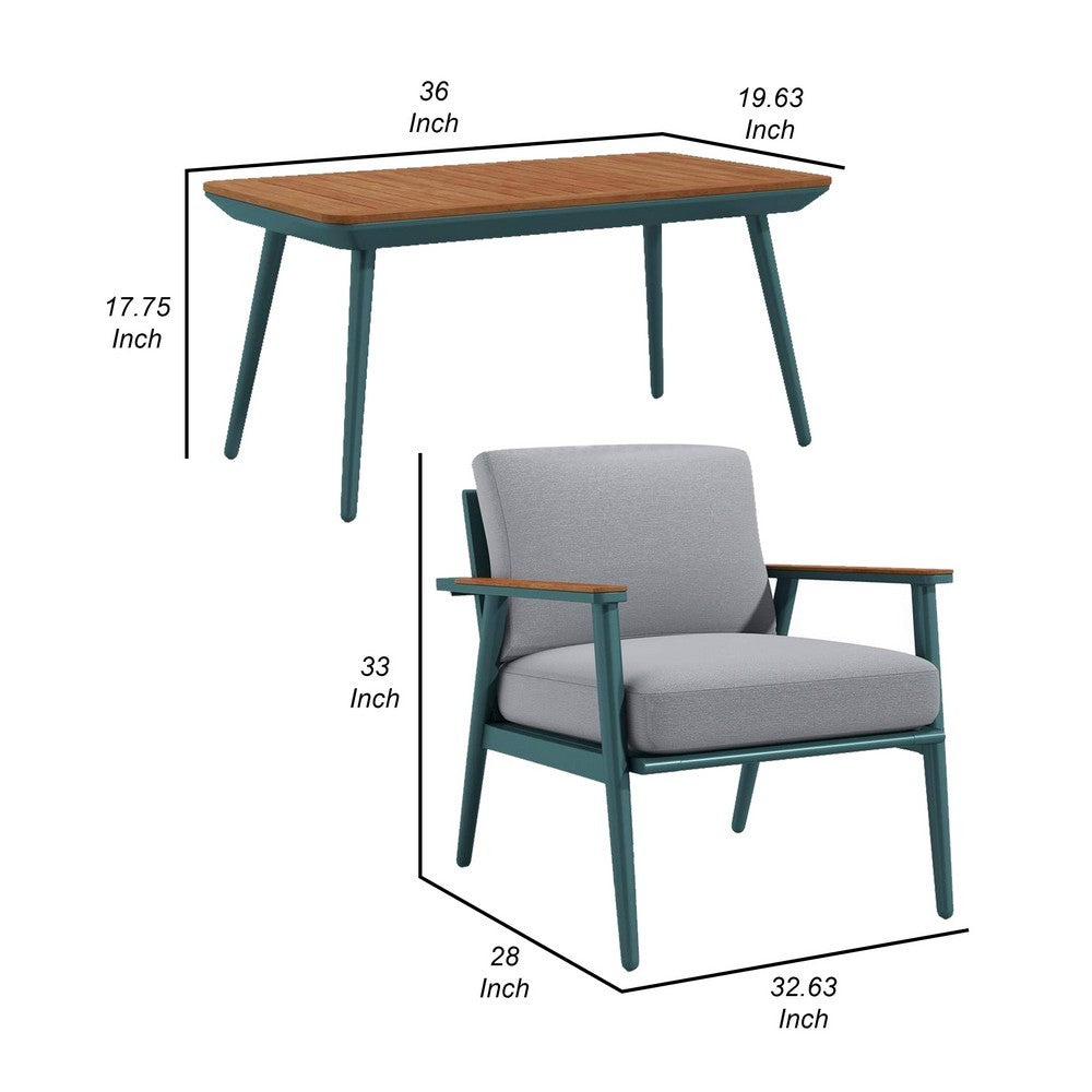 Benjara 3 Piece Outdoor Coffee Table And Chairs Set, Wood Planks, Gray, Green