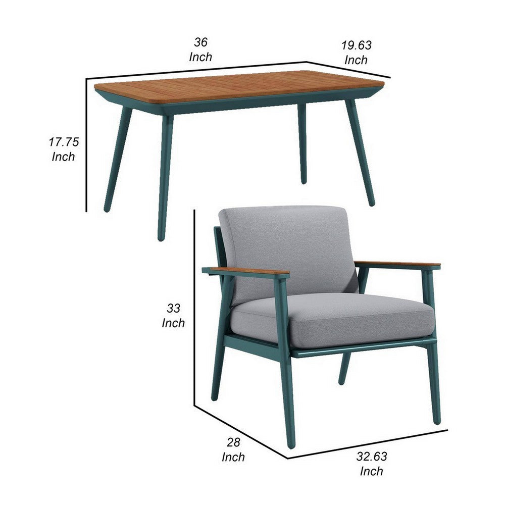 Benjara 3 Piece Outdoor Coffee Table And Chairs Set, Wood Planks, Gray, Green