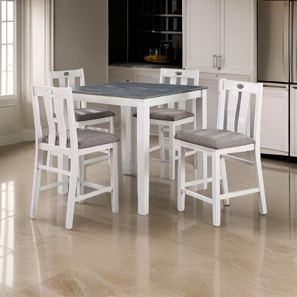 Benjara Helio 5 Piece Counter Height Dining Table And Chairs Set, White Wood, Gray