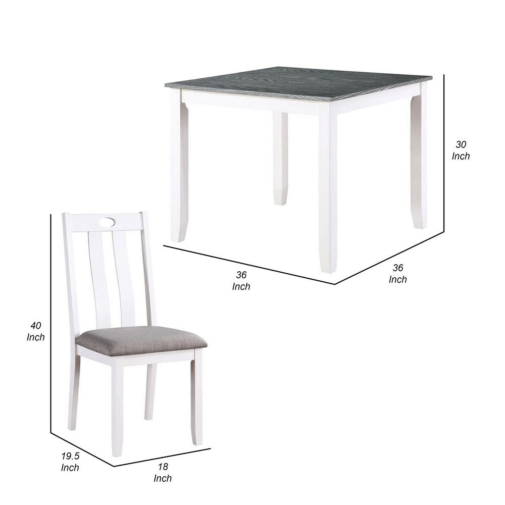 Benjara Helio 5 Piece Dining Table And Chairs Set, White Wood, Gray Fabric Seats