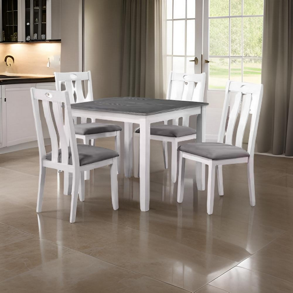Benjara Helio 5 Piece Dining Table And Chairs Set, White Wood, Gray Fabric Seats