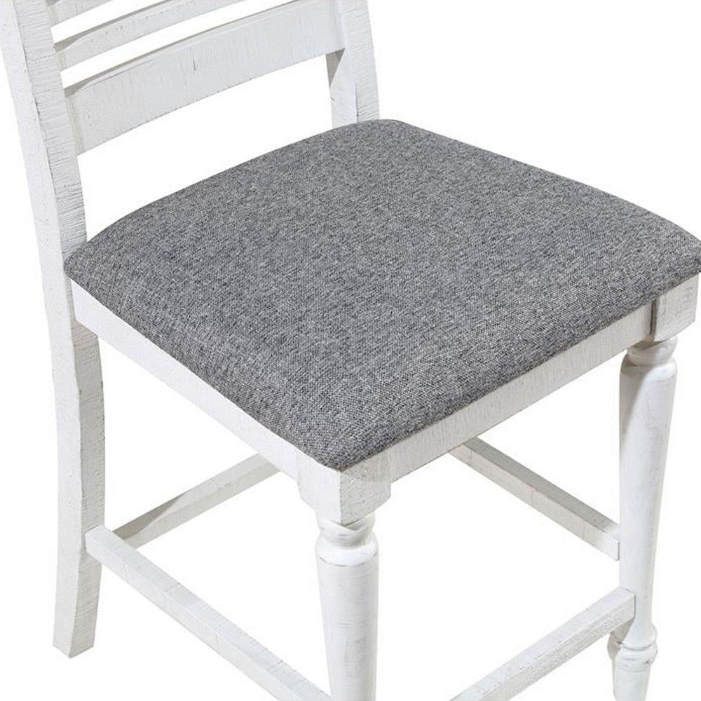 Benjara Wren 23 Inch Counter Height Chair Set of 2, Antique White Wood, Gray Seat
