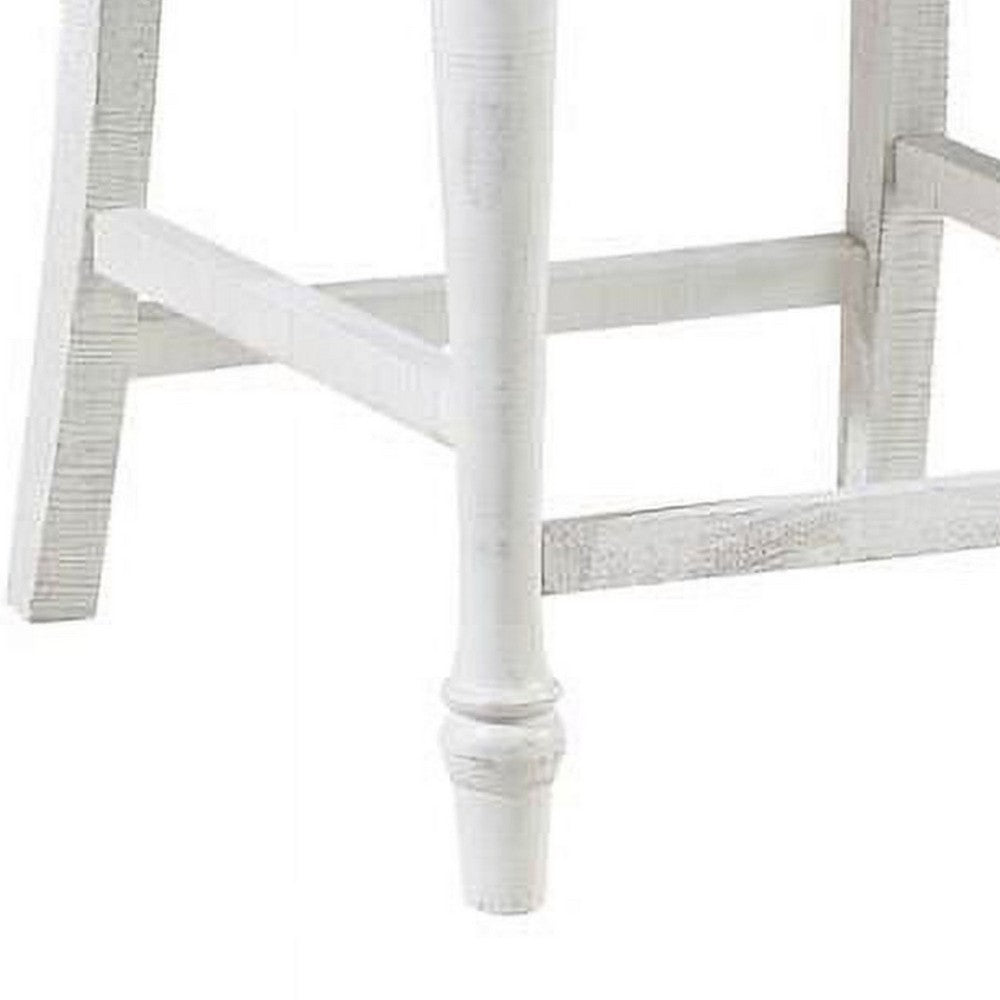 Benjara Wren 23 Inch Counter Height Chair Set of 2, Antique White Wood, Gray Seat