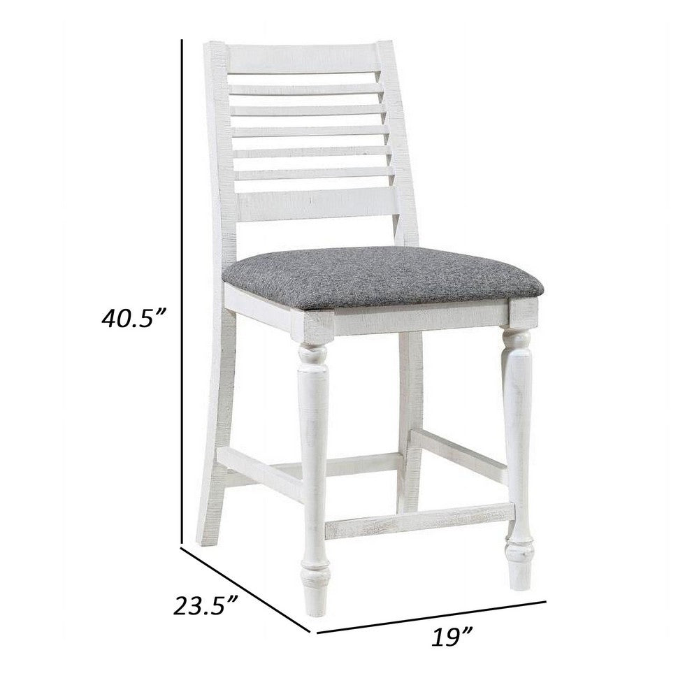 Benjara Wren 23 Inch Counter Height Chair Set of 2, Antique White Wood, Gray Seat