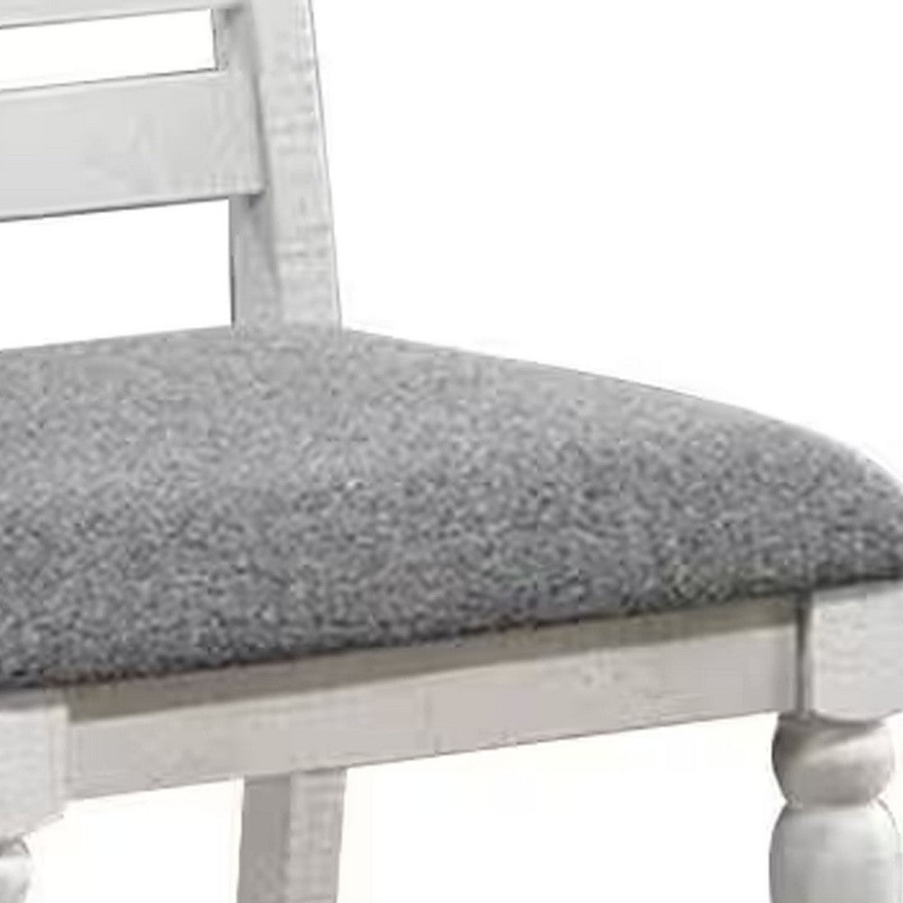 Benjara Wren 24 Inch Dining Chair Set of 2, Gray Fabric Cushion, Antique White Wood