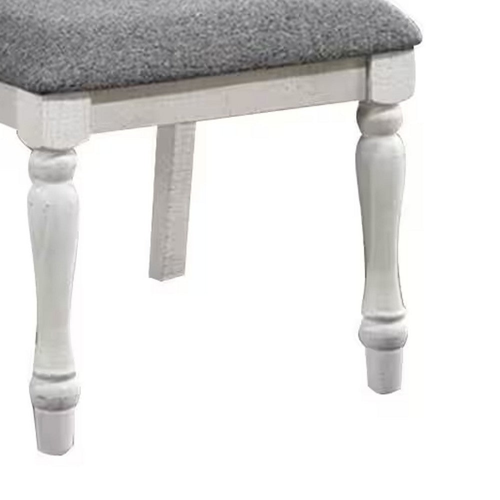 Benjara Wren 24 Inch Dining Chair Set of 2, Gray Fabric Cushion, Antique White Wood