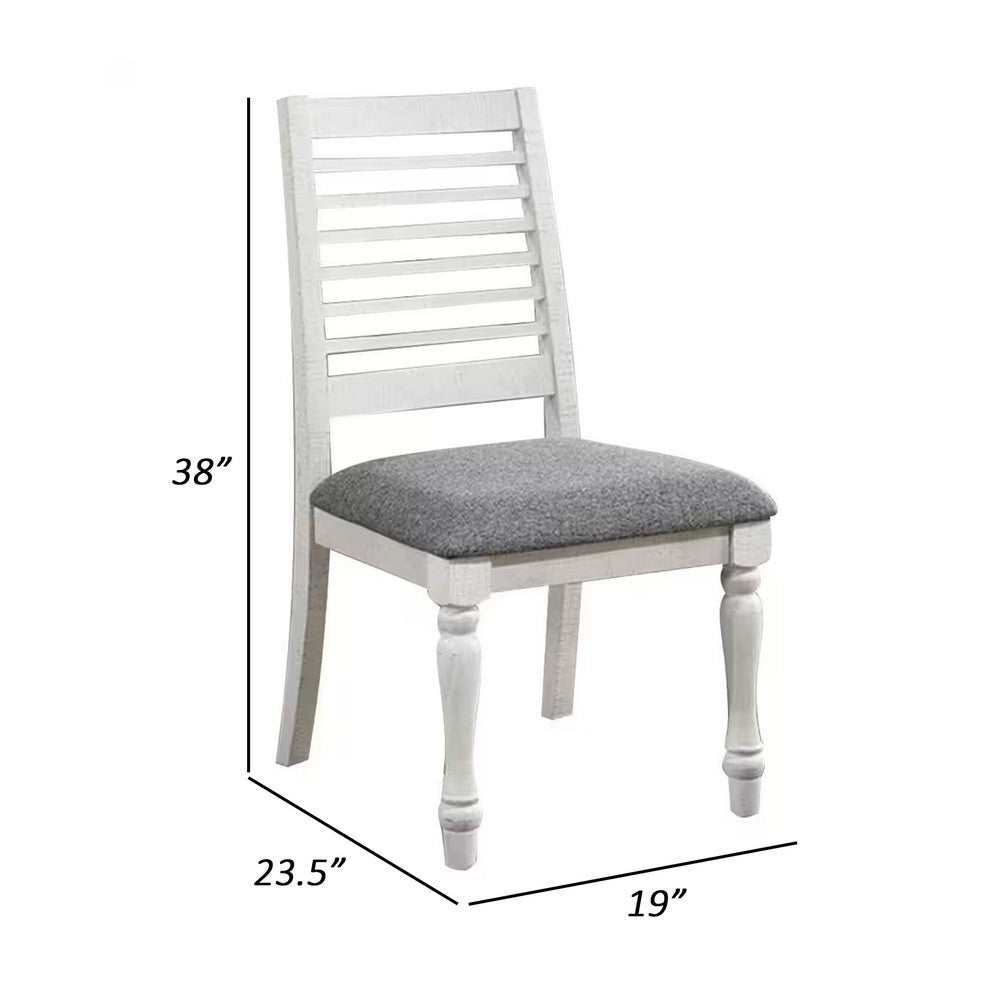Benjara Wren 24 Inch Dining Chair Set of 2, Gray Fabric Cushion, Antique White Wood