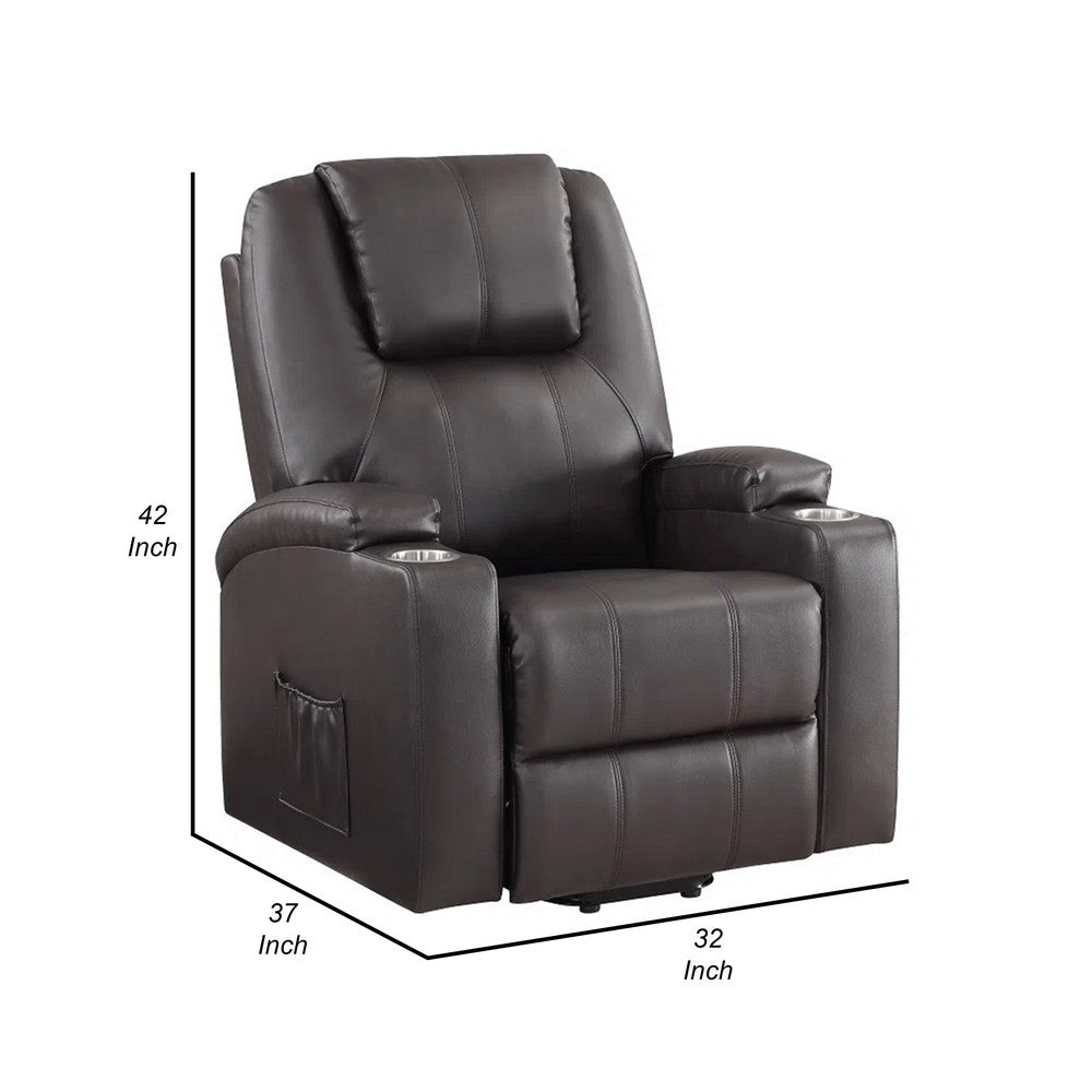 Benjara Evans 37 Inch Recliner Chair, Power Lift, 2 Cupholders, Brown Faux Leather
