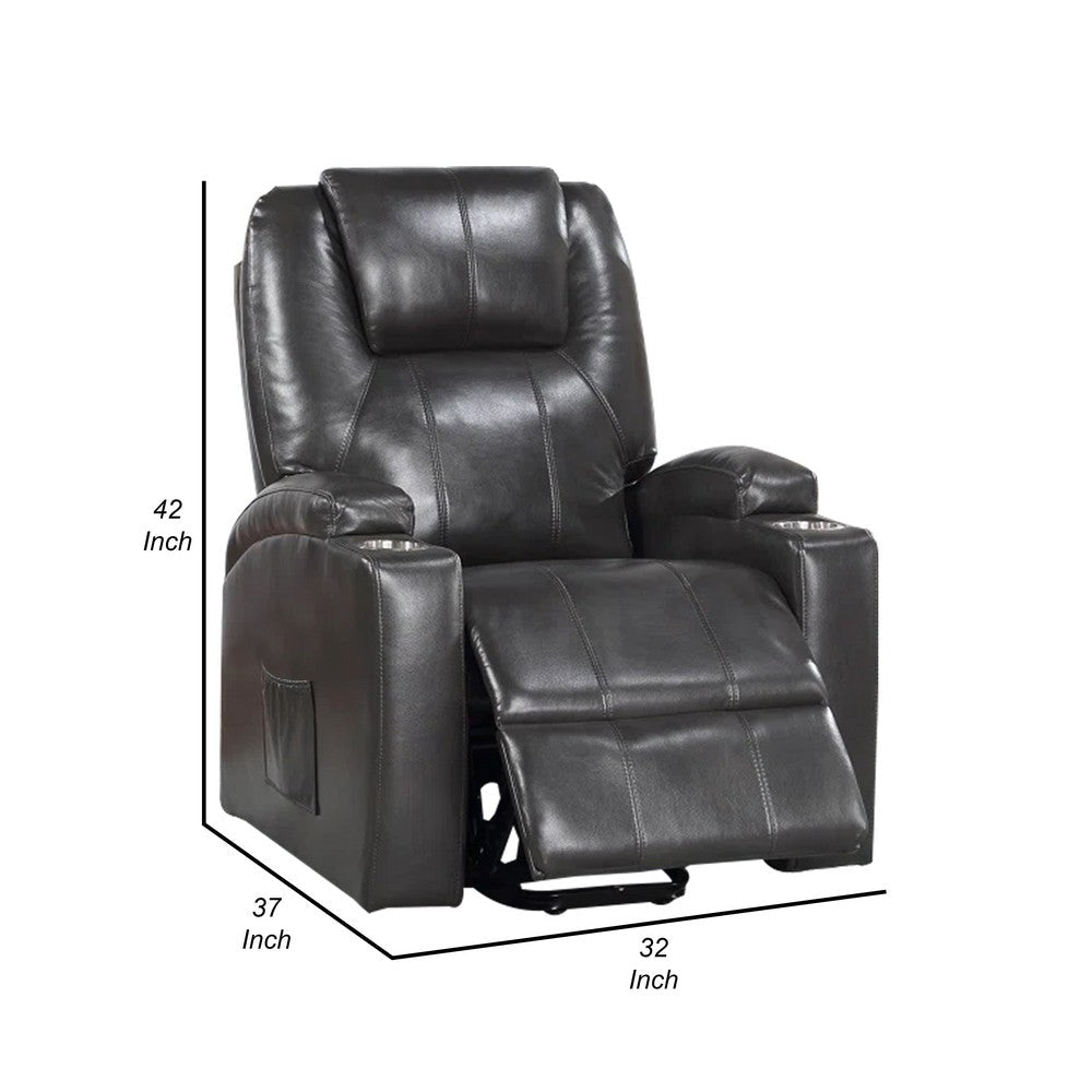 Benjara Evans 37 Inch Recliner Chair, Power Lift, Cupholders, Gray Faux Leather