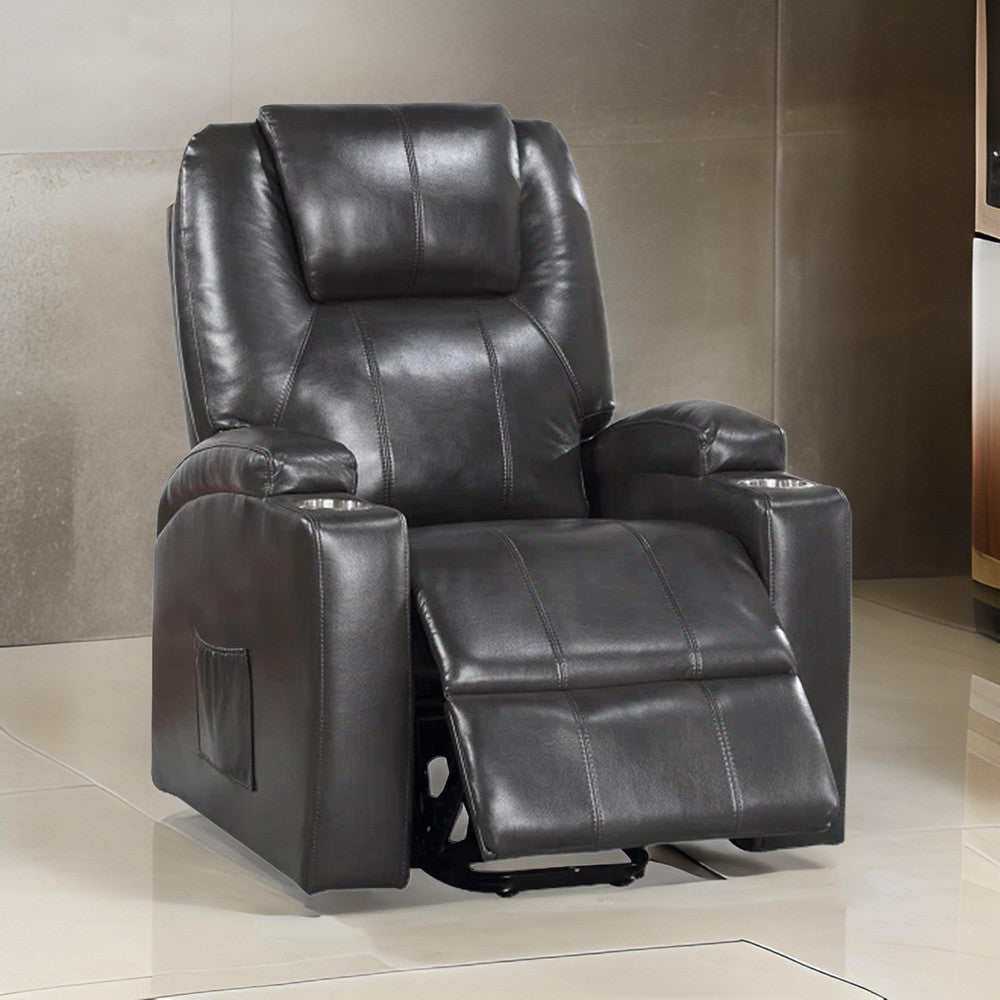 Benjara Evans 37 Inch Recliner Chair, Power Lift, Cupholders, Gray Faux Leather