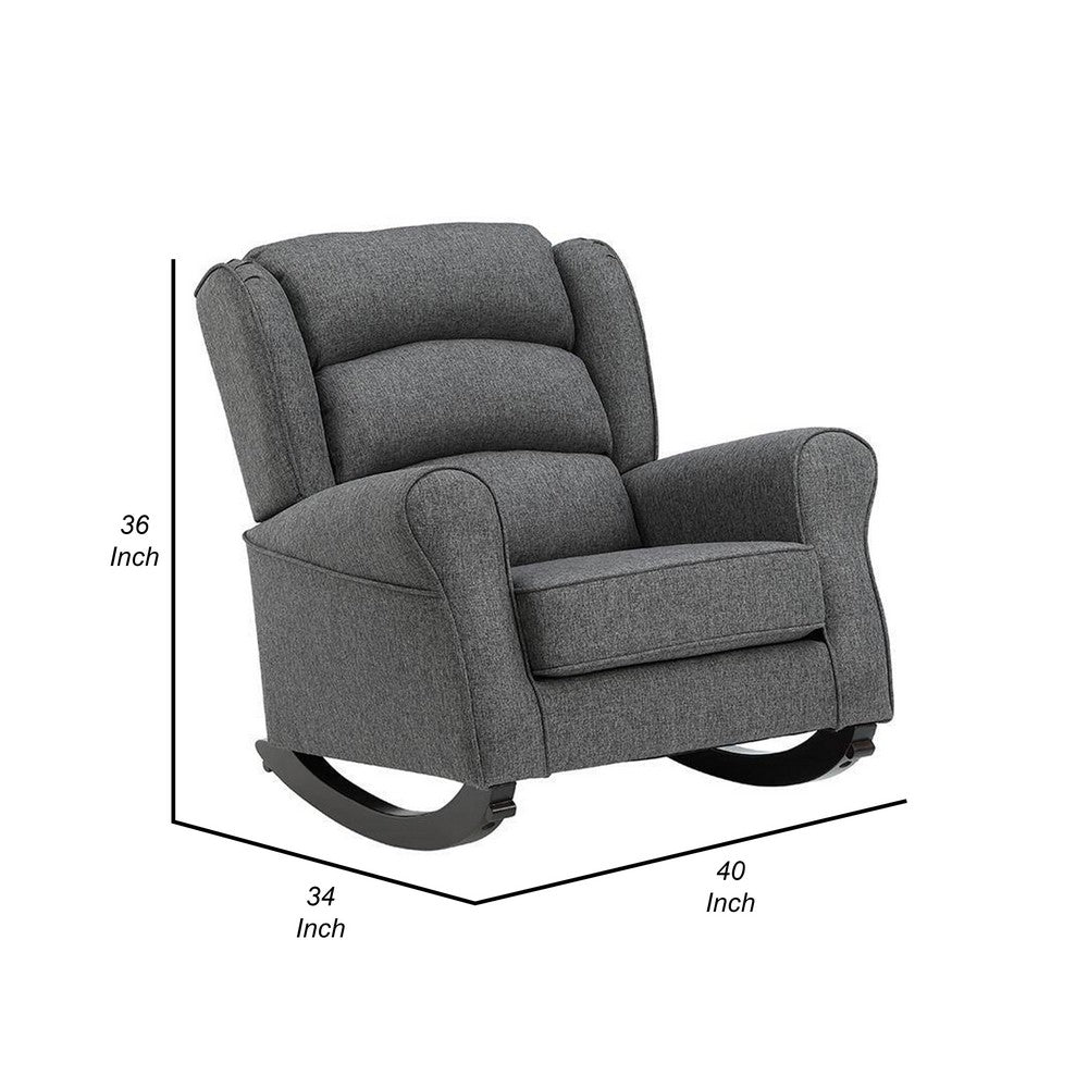 Benjara 34 Inch Rocking Chair, Wood Frame, Channel Tufted Gray Fabric Upholstery