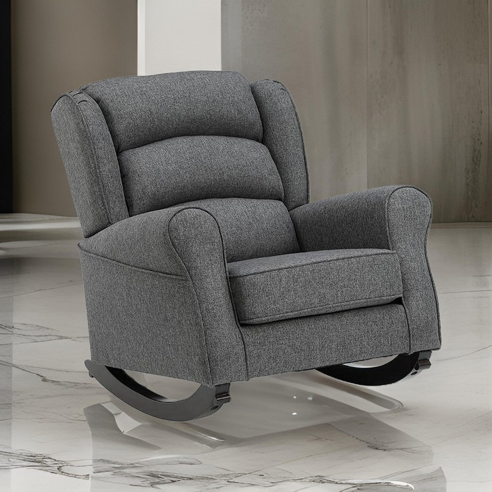 Benjara 34 Inch Rocking Chair, Wood Frame, Channel Tufted Gray Fabric Upholstery