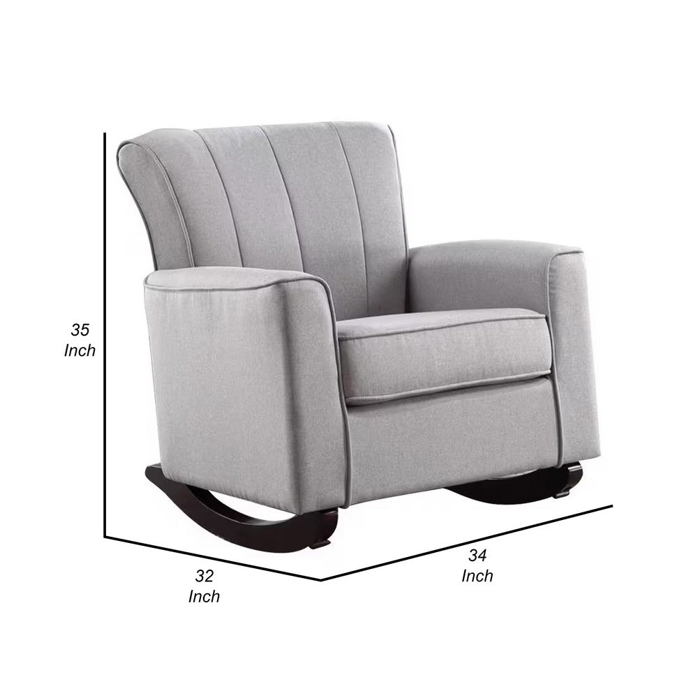 Benjara 34 Inch Rocking Chair, Wood Frame, Vertical Channel Tufted Gray Linen