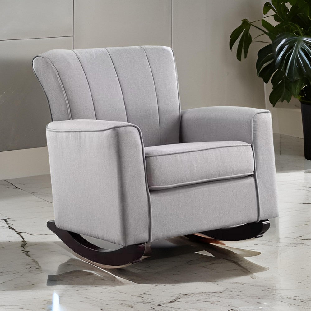Benjara 34 Inch Rocking Chair, Wood Frame, Vertical Channel Tufted Gray Linen