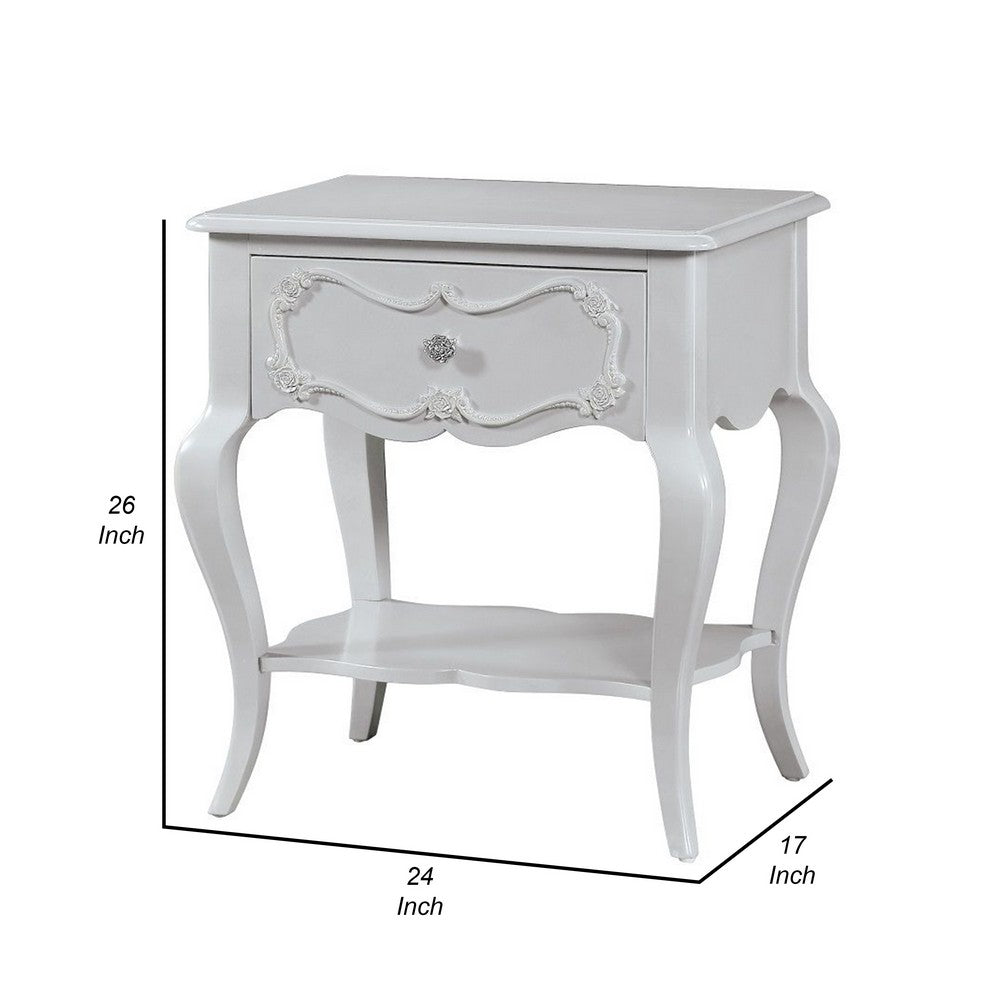 Benjara 26 Inch Nightstand Table with 1 Drawer, Rose Inlay, Queen Anne Legs, Gray