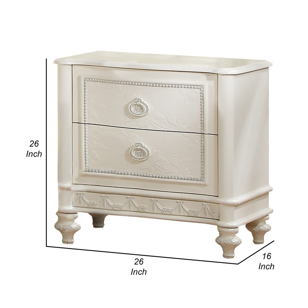 Benjara Dorie 26 Inch Nightstand with 2 Drawers, Oval Molded Trim, Ivory White Wood