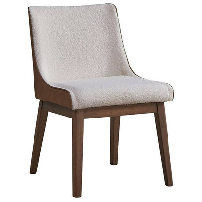Benjara 25 Inch Side Dining Chair Set of 2, Wingback, White Boucle, Walnut Brown
