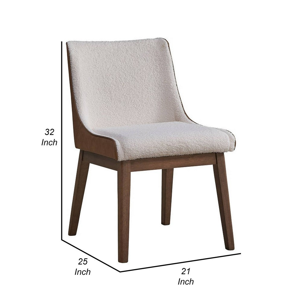 Benjara 25 Inch Side Dining Chair Set of 2, Wingback, White Boucle, Walnut Brown