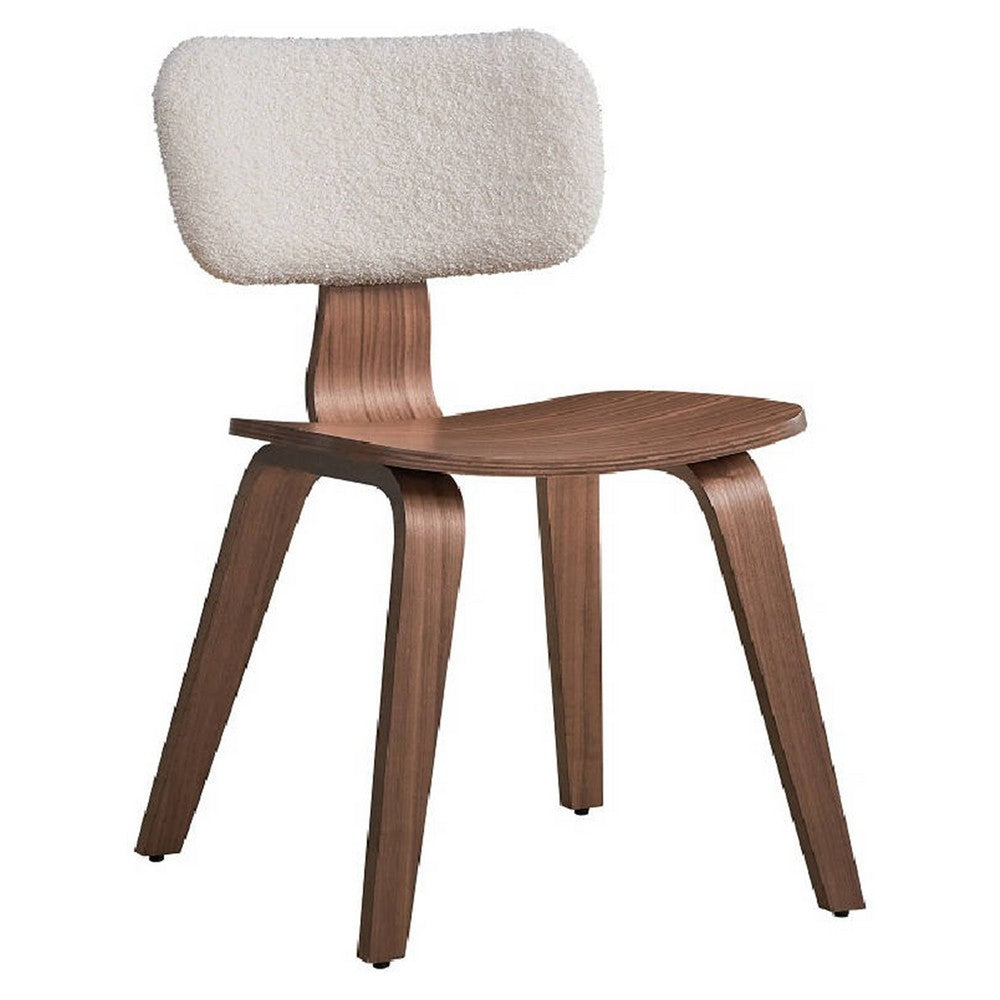 Benjara Aon 22 Inch Side Dining Chair Set of 2, Curved, White Boucle, Walnut Brown
