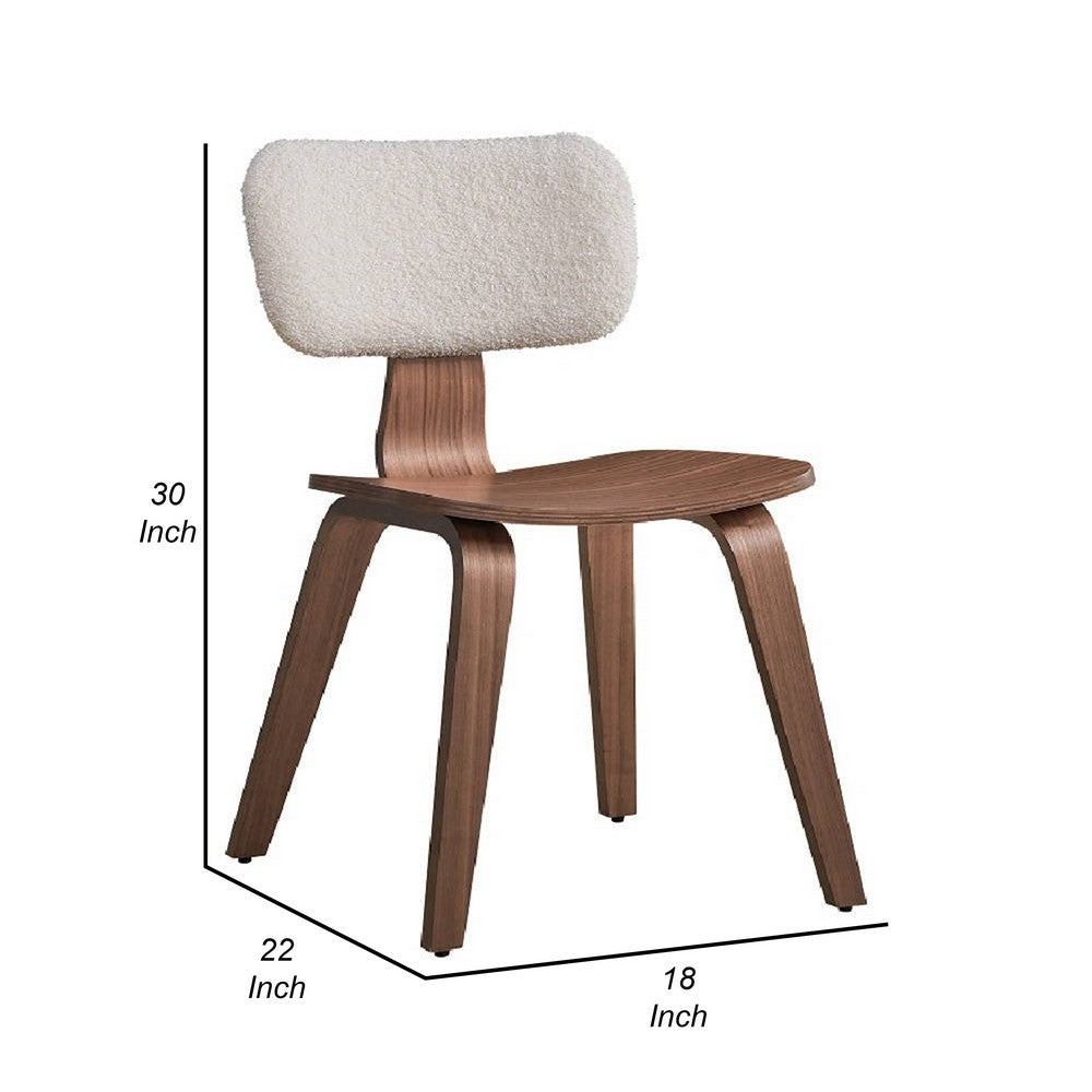 Benjara Aon 22 Inch Side Dining Chair Set of 2, Curved, White Boucle, Walnut Brown