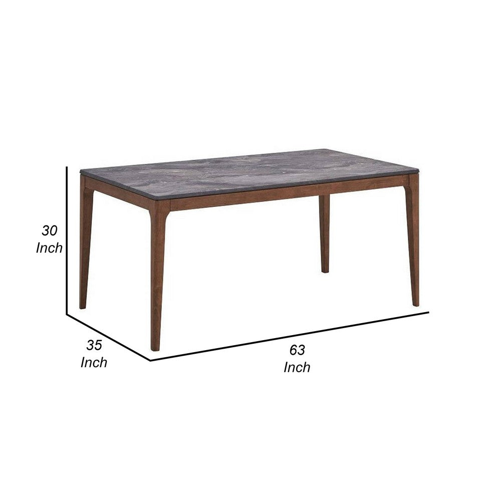 Benjara Evis 63 Inch Dining Table, Marble Grain Faux Stone Top, Walnut Brown Wood
