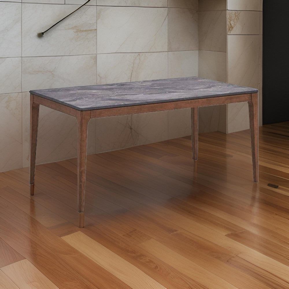 Benjara Evis 63 Inch Dining Table, Marble Grain Faux Stone Top, Walnut Brown Wood