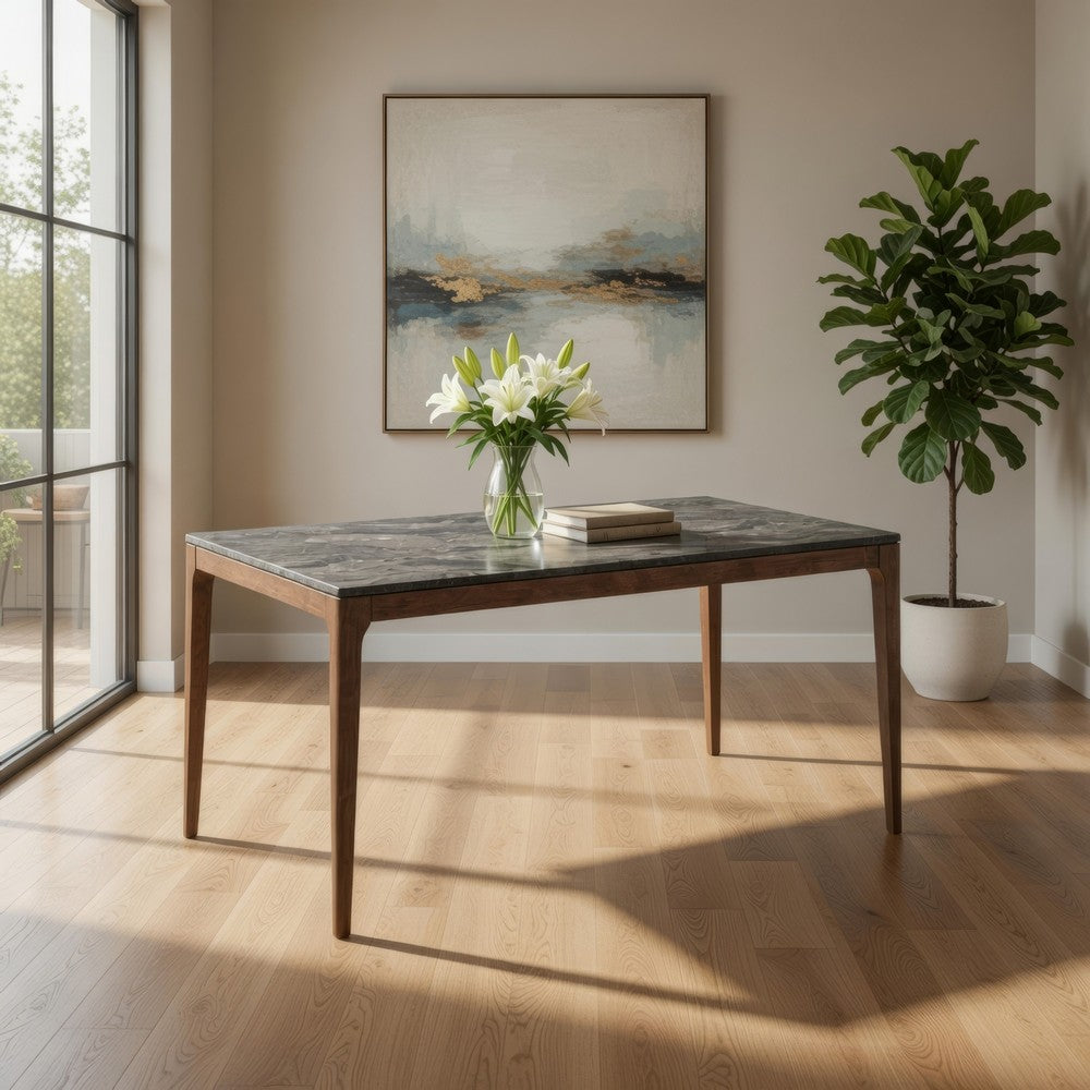 Benjara Evis 63 Inch Dining Table, Marble Grain Faux Stone Top, Walnut Brown Wood