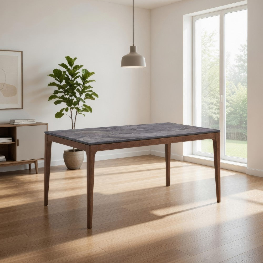 Benjara Evis 63 Inch Dining Table, Marble Grain Faux Stone Top, Walnut Brown Wood