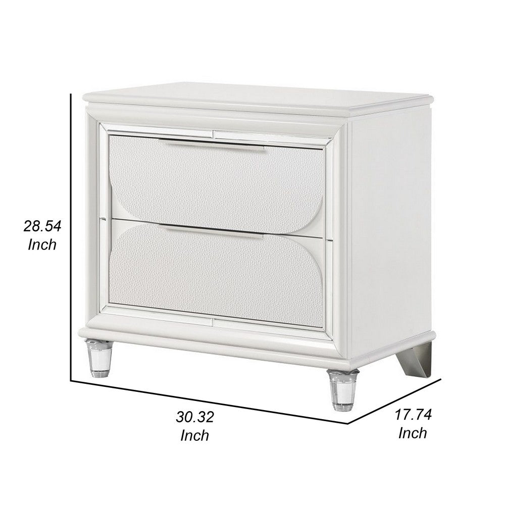Benjara Rara 30 Inch Nightstand, 2 Drawers, Mirror Trim, Acrylic Legs, White