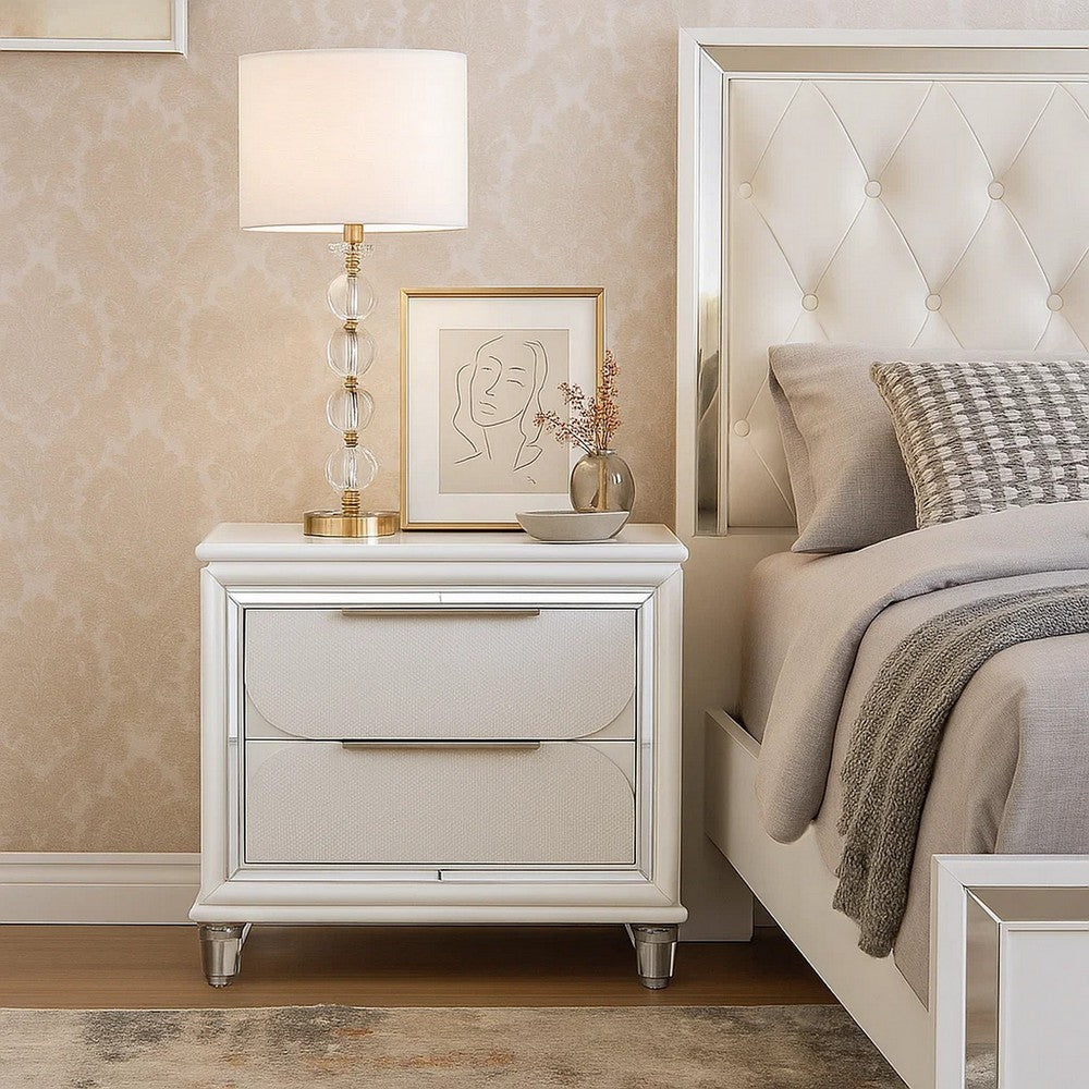Benjara Rara 30 Inch Nightstand, 2 Drawers, Mirror Trim, Acrylic Legs, White