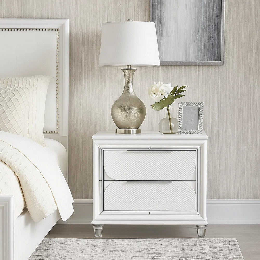 Benjara Rara 30 Inch Nightstand, 2 Drawers, Mirror Trim, Acrylic Legs, White